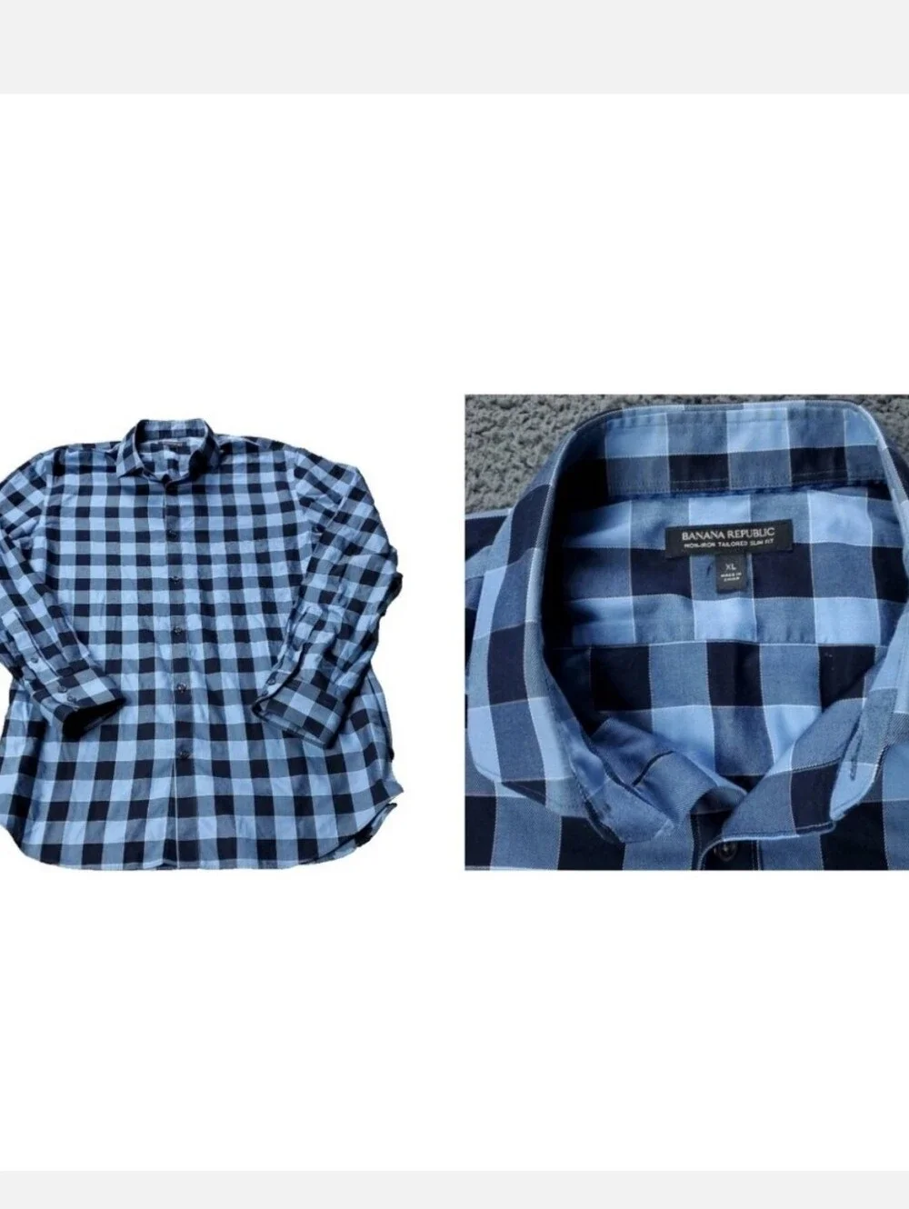 Banana Republic Shirt Mens XL Slim Fit Blue Long Sleeve Plaid Button Non Iron